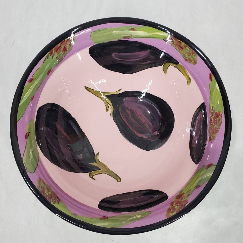 Droll Designs Large Serving Bowl Eggplant Asparagus and Peas In A Pod Pattern
